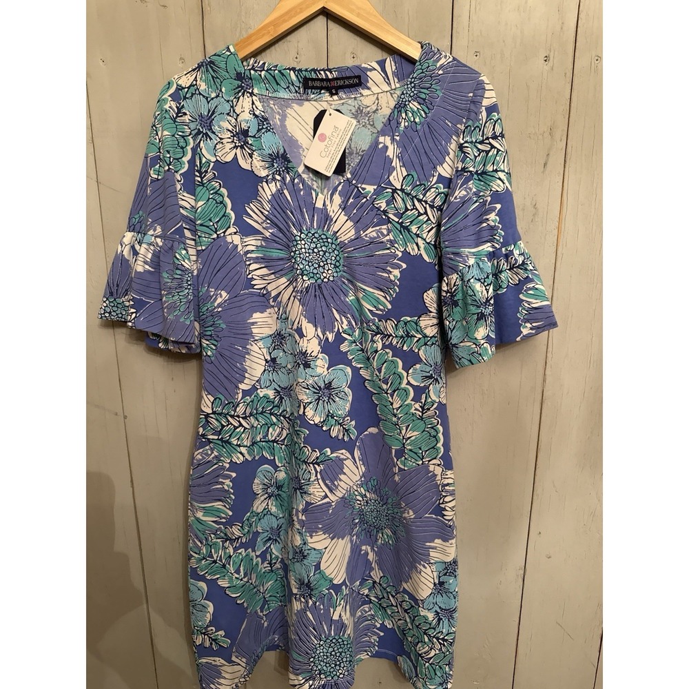 BARBARA ERICKSON Blue Floral Print Sz-S Cabana Ruffle Sleeve V-Neck Dress NWT